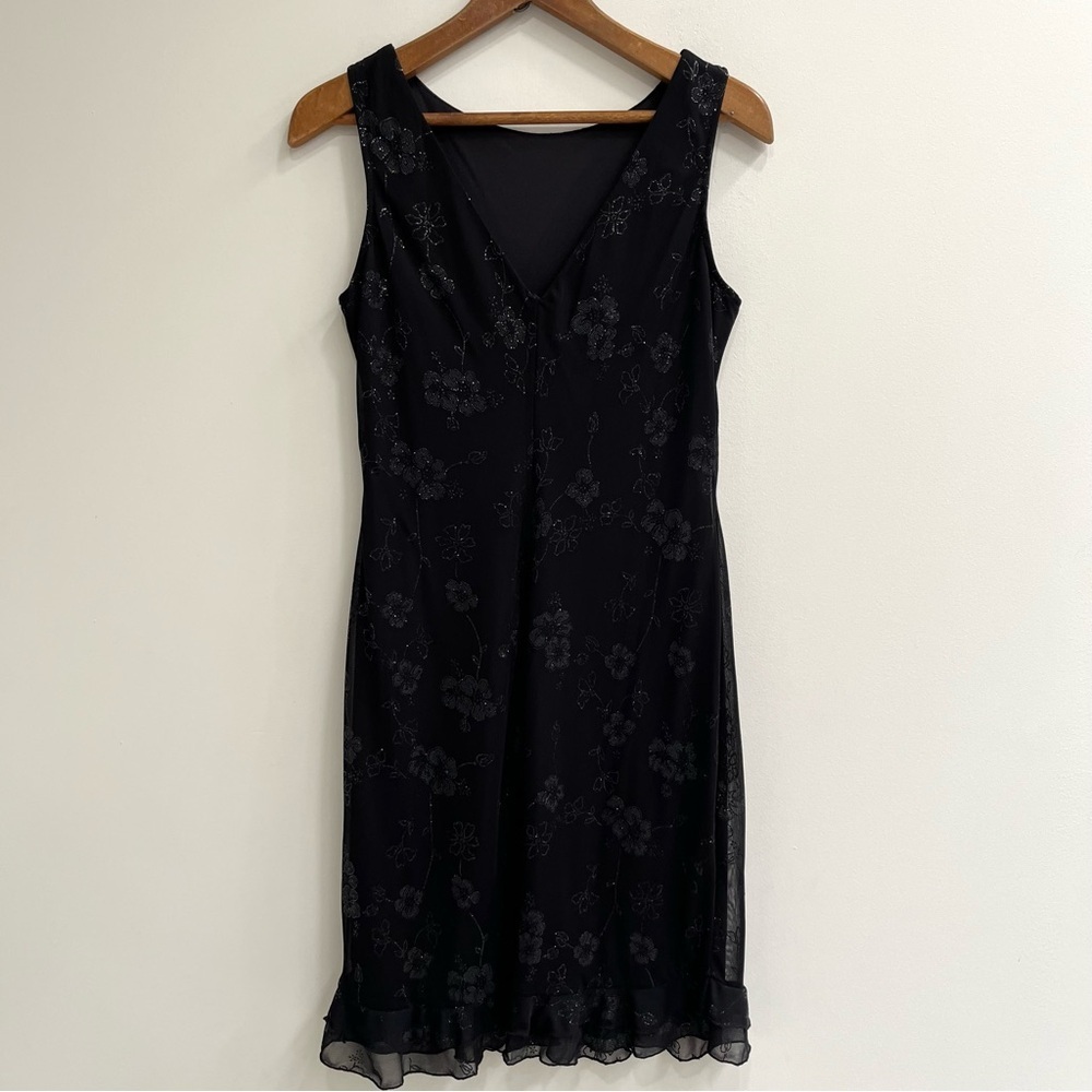 Vintage Y2K Black Floral Silver Glitter Sheer Overlay Mesh Dress Ruffle Hem L - Picture 4 of 11